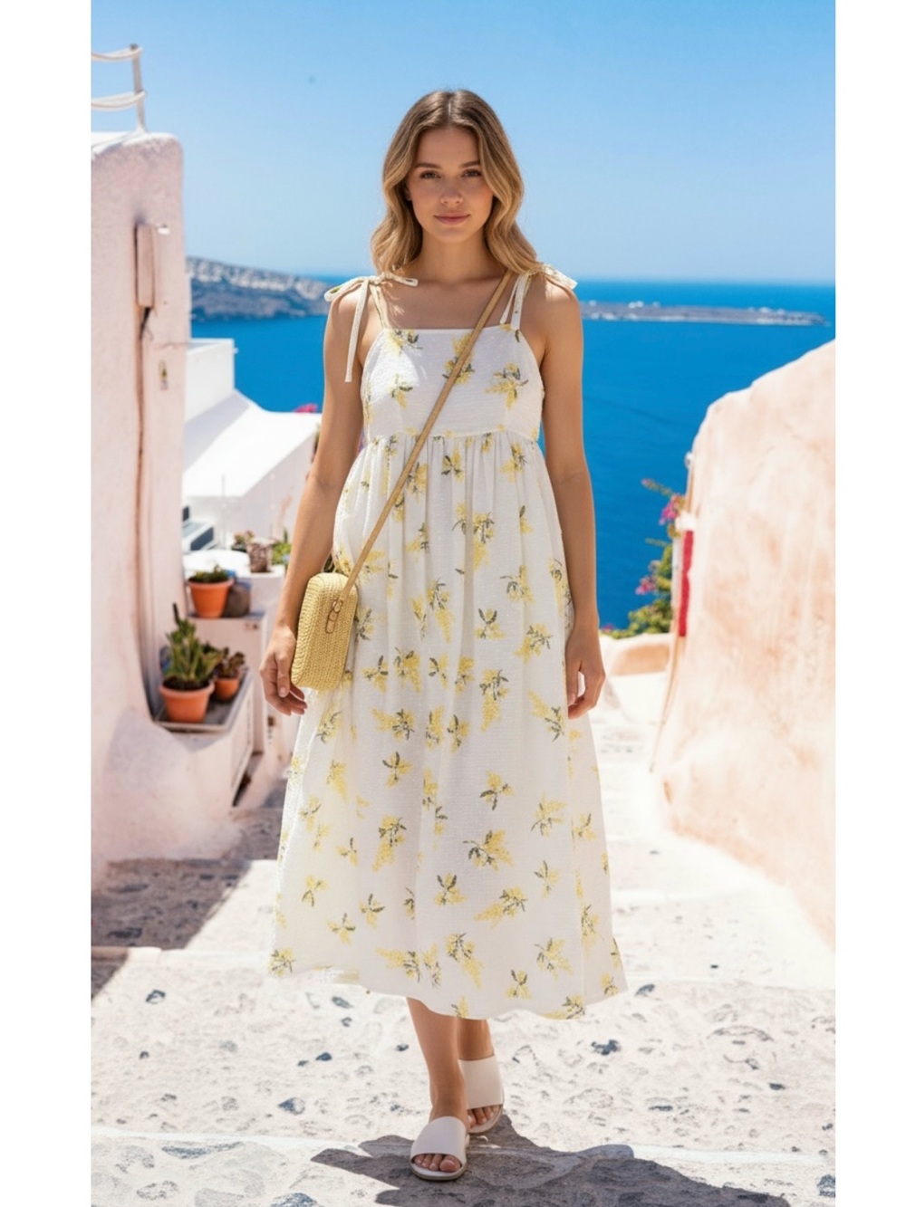 Naya Rea Kira Floral Midi Dress in White Yellow Size 10